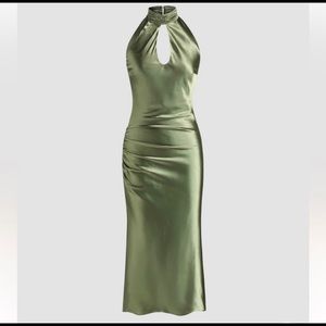 Cider satin cut out green halter midi dress